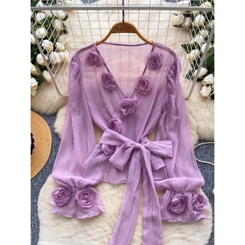 

Atmosphere Horn Sleeve Shirt Women Blouse New Summer Three-dimensional Flower Thin Mesh Cross Collar Royal Sister Tide Tops