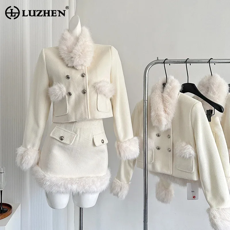 LUZHEN 2024 Winter New Fur Patchwork Design Warm Neck Short Solid Color Jacket Damska spódnica na co dzień Dwuczęściowe zestawy AA2205