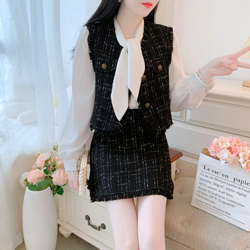 

Women Elegant Chic Tweed Suit Vest Jacke Coat Blouse Shirt Top And Skirt Two Piece Set Outfit Autumn Winter Jacquard Clothing