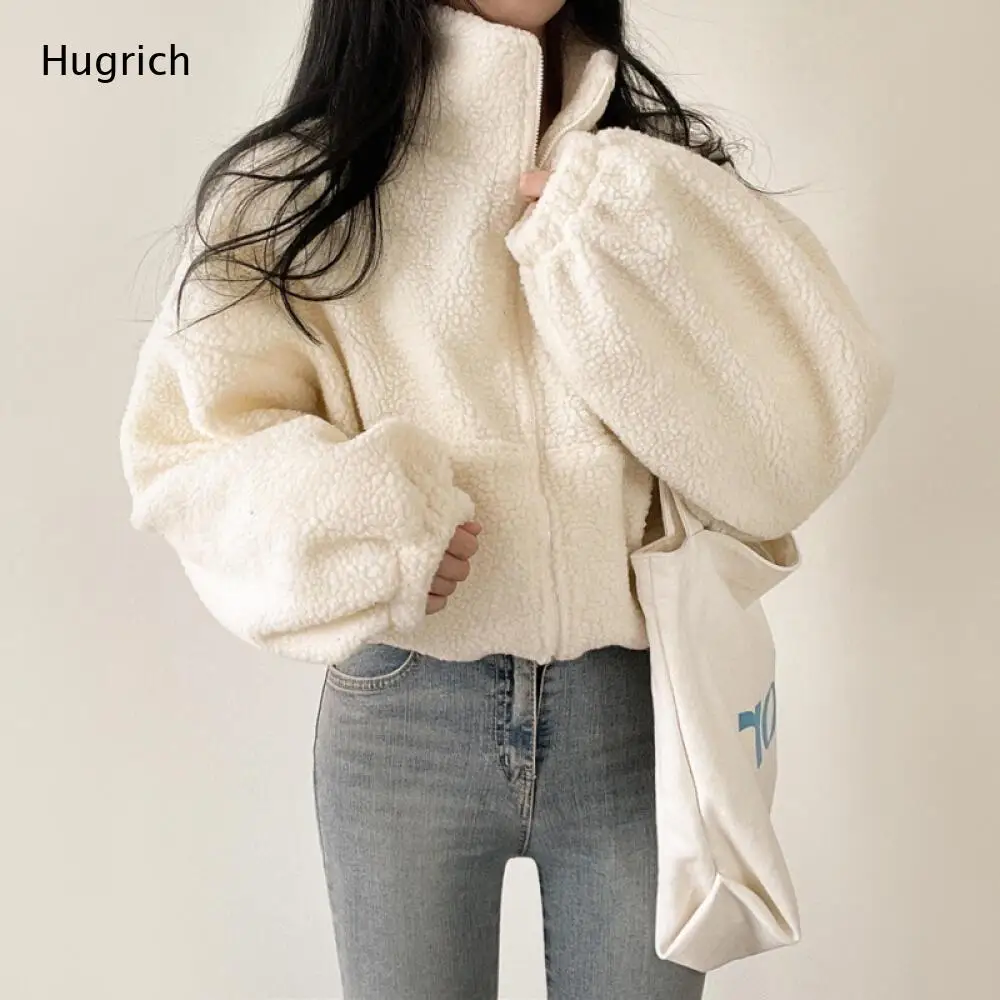 Women Gray Fleece Jacket Full Zip Stand Collar Casual Loose Fit Teddy Coat with Long Sleeves for Fall Winter view 2