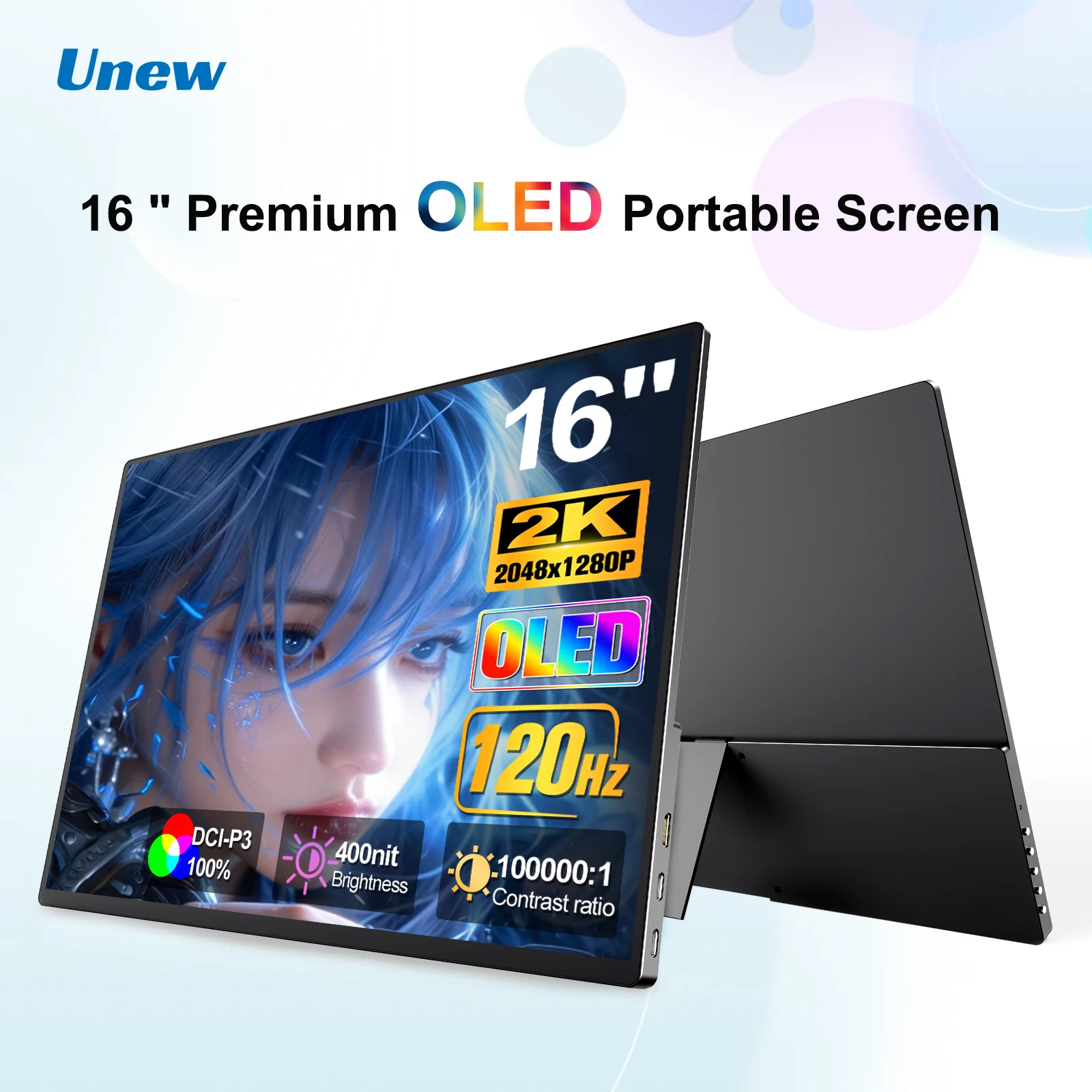 16 Inch 2K 120Hz OLED Portable Monitor 20481280 100% DCI-P3 VESA Mount Screen for Laptop PS5 Switch Xbox Game Design Office