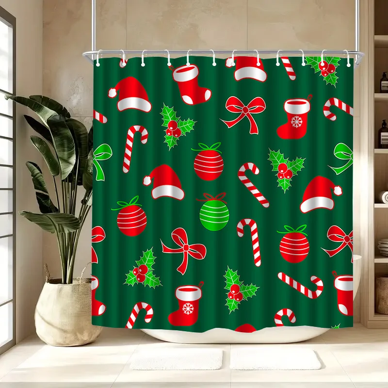 Christmas Pattern Shower Curtain, Red Green Santa Hat Candy Cane Print Waterproof Bath Curtain, Holiday Bathroom Decor for Home