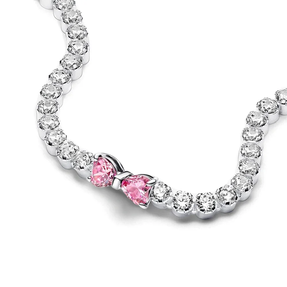 2025 Valentine  New 925 Silver Pink Bow Full Diamond Bracelet Original 17-20CM Fit DIY Charm Women Birthday Jewelry Gifts