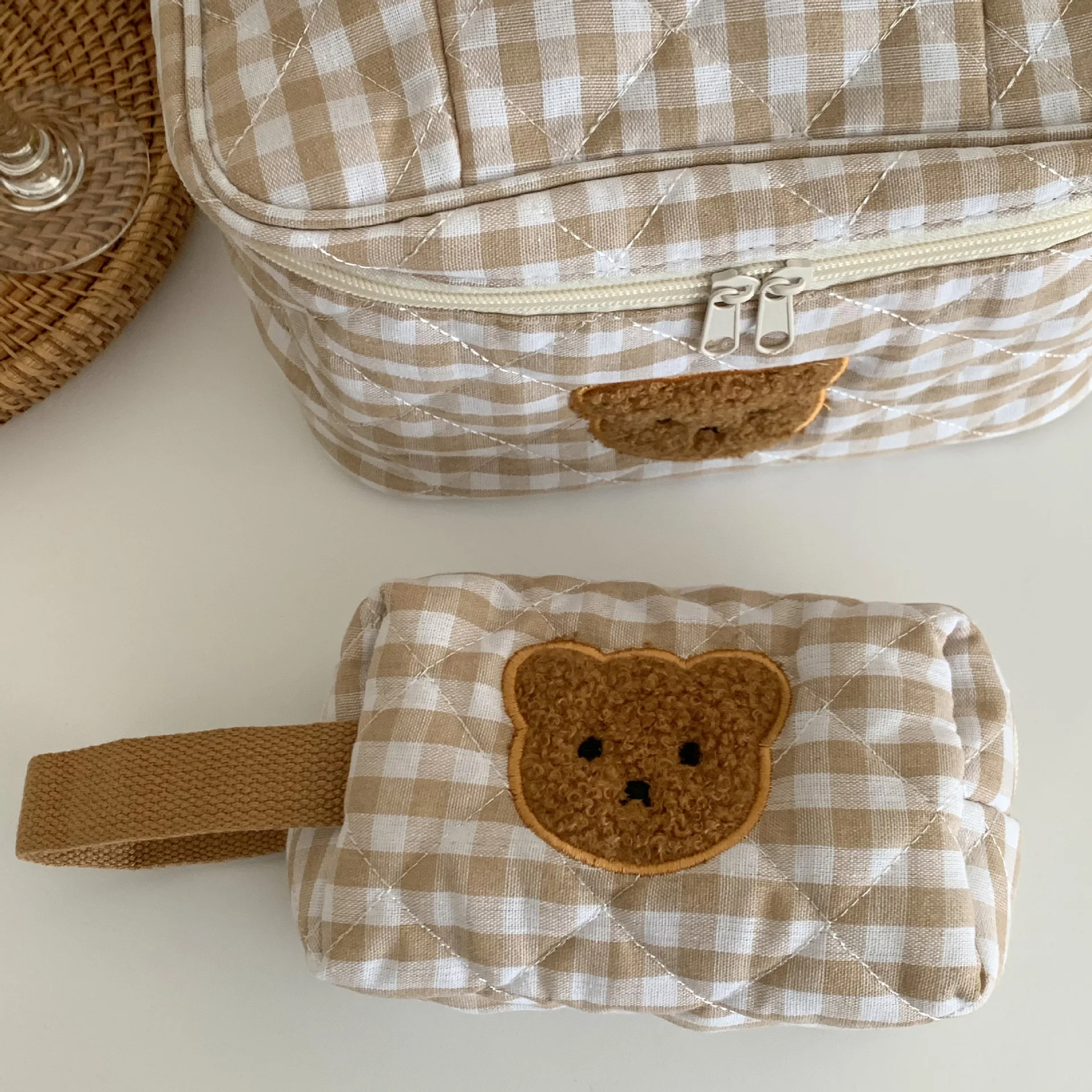 Cartoon animal curly patch bear cosmetic bag cute niche female storage bag student portable large capacity cotton quilted handba