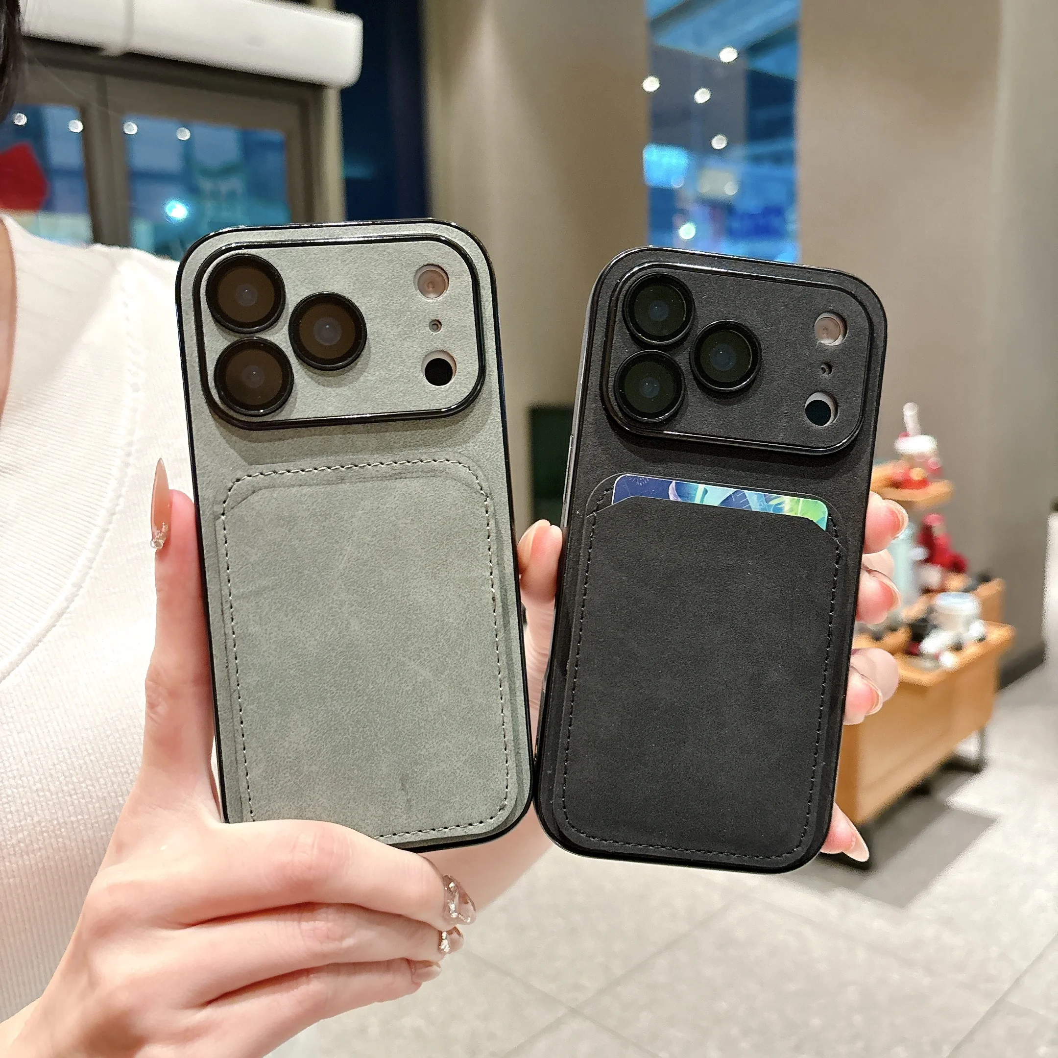 Wallet Card Holder Suede Leather Phone Case For iPhone 17 16 15 14 13 Plus Pro Max Business Insert Card Matte Lens Glass Cover view 5