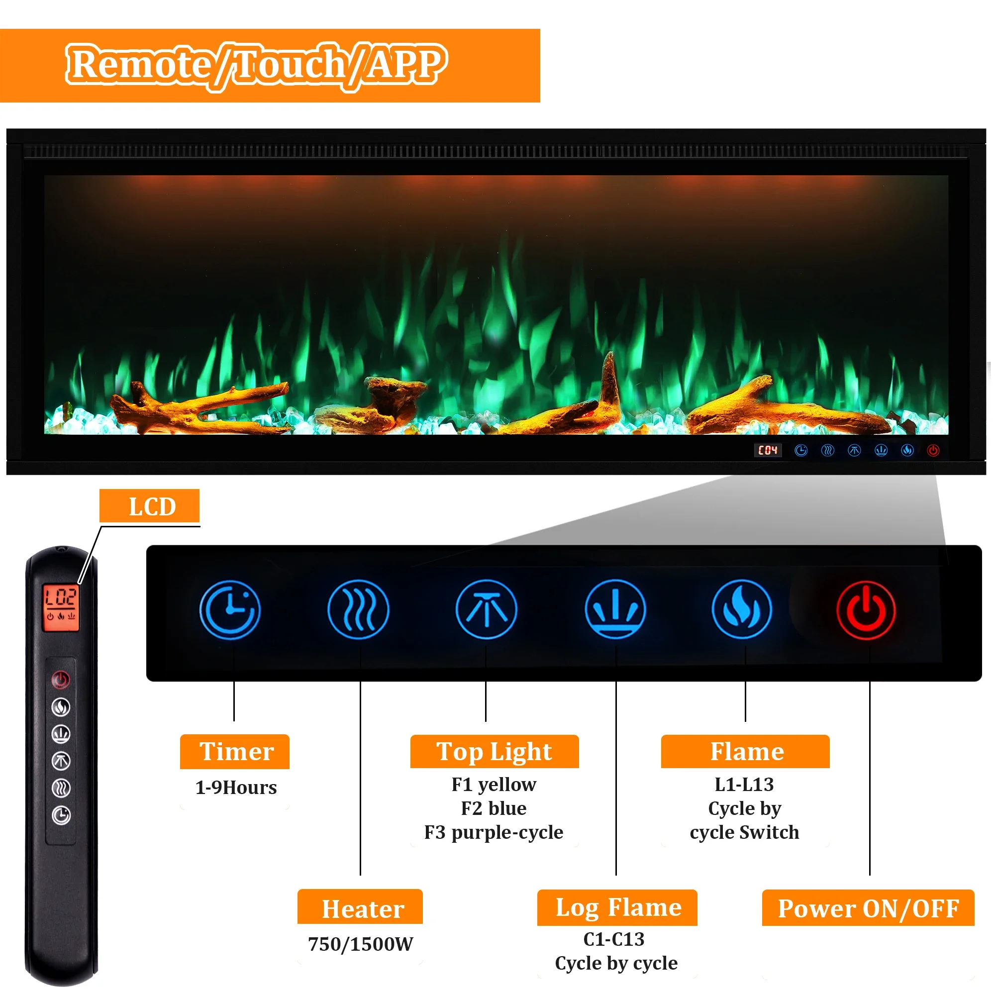 60 Inch Slim Frame Wall Mounted Recessed Electric Fireplace Smart WiFi App Control Alexa Voice Heater For Living Room Decor