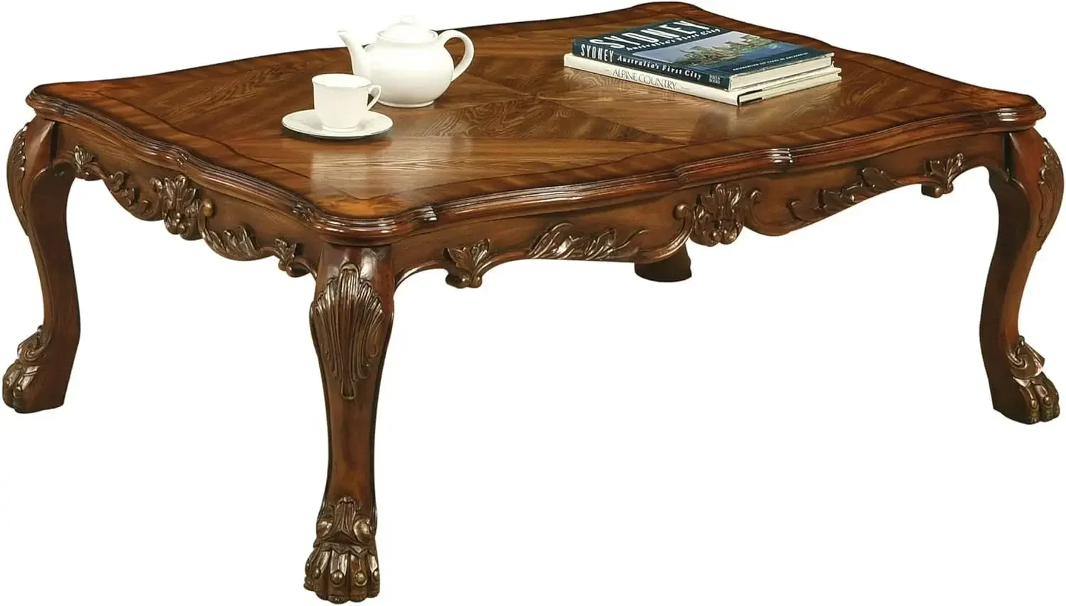 Dresden Rectangular Wooden Coffee Table in Cherry Oak Decorative Carving Inlay Veneers on Apron 36