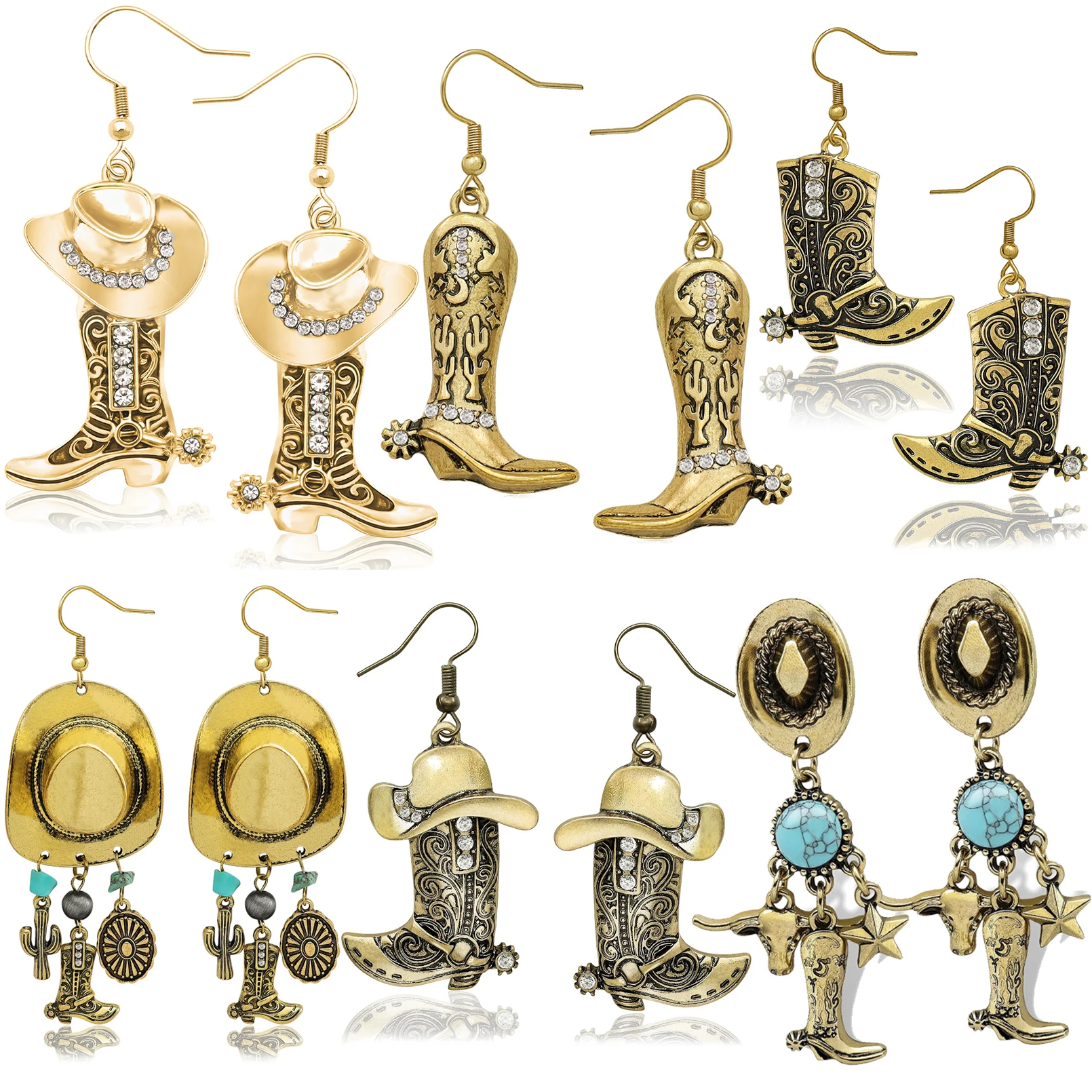 Pendientes Vintage de Color dorado para mujer, sombrero de vaquero occidental, botas, cabeza de vaca, moda, vaquera, Rodeo, Texas, pendientes colgantes, joyería