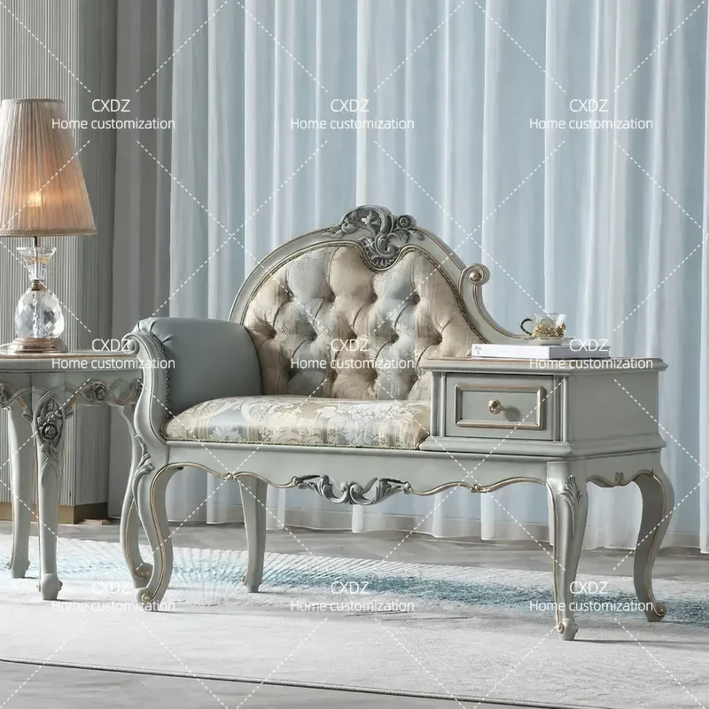 Style European Solid Wood Carved Chair Living Room Bedroom Lazy Sofa Cloth Art Beauty Couch HR
