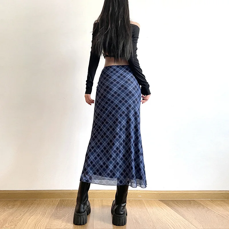 Mulheres primavera outono xadrez impressão envoltório quadris saias moda tornozelo comprimento sexy magro lápis saias estilo preppy meninas fenda midiskirt