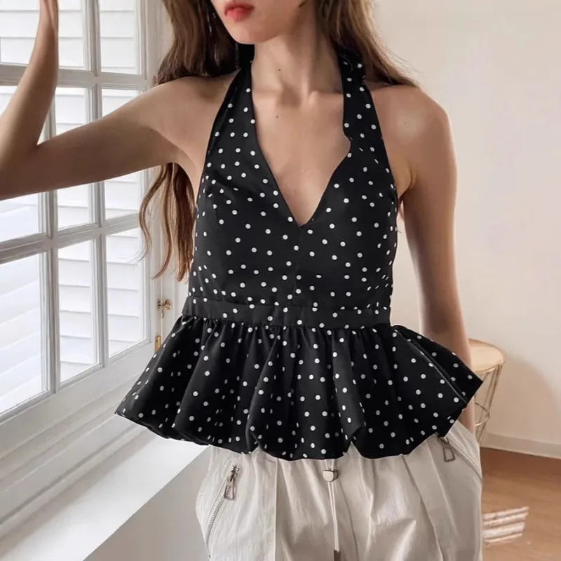 

Talenza Polka Dot Slim Top Vintage Ruffle Sleeveless Neck Lace-up Vest T-Shirt Summer Sexy V-Neck High Street Camisole Top Women