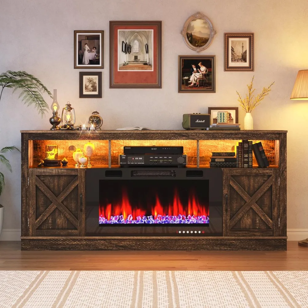 

TV Stand with 36" Fireplace for 80" TV, 70" Fireplace Entertainment Center with Barn Doors and LED Light, Tall TV Stands