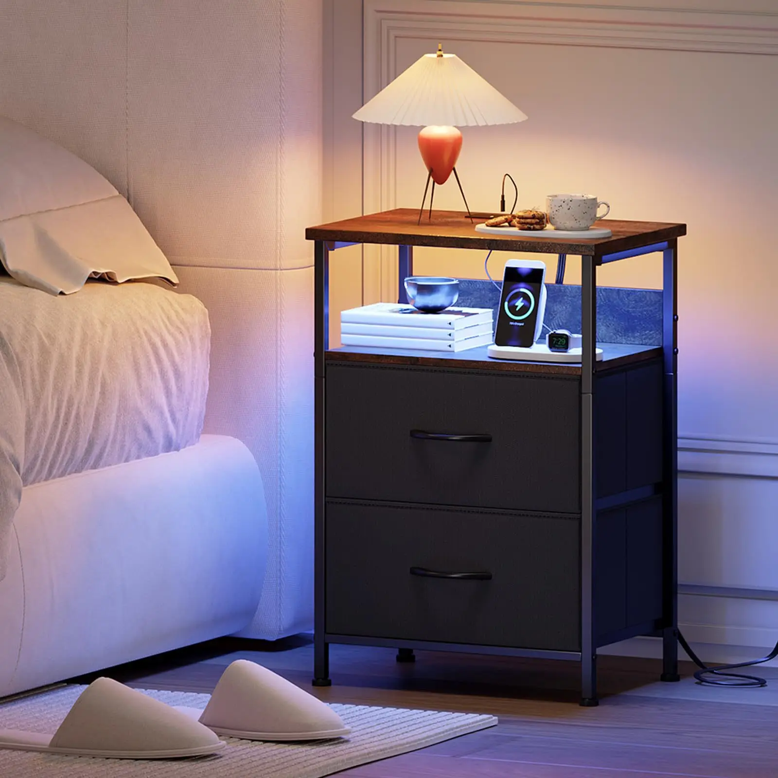 bedside table, chest cabinet, dresser, two drawers with cloth drawers, storage cabinet
