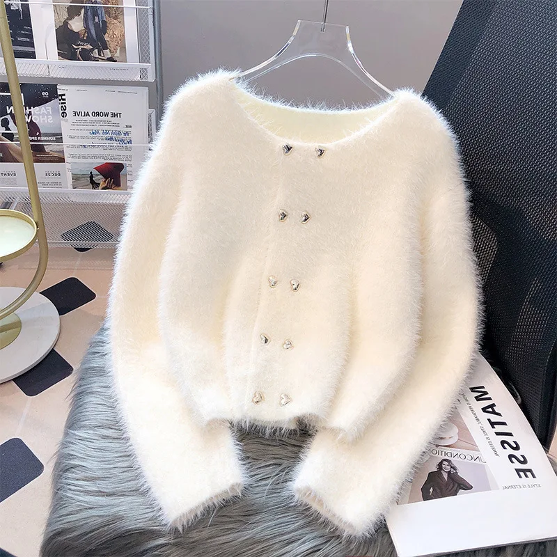 

Imitation Mink Fur Knitted Cardigan 2023 New Autumn Clothing Women's Short Round Neck Small Fragrant Style Top Sweater Jacket