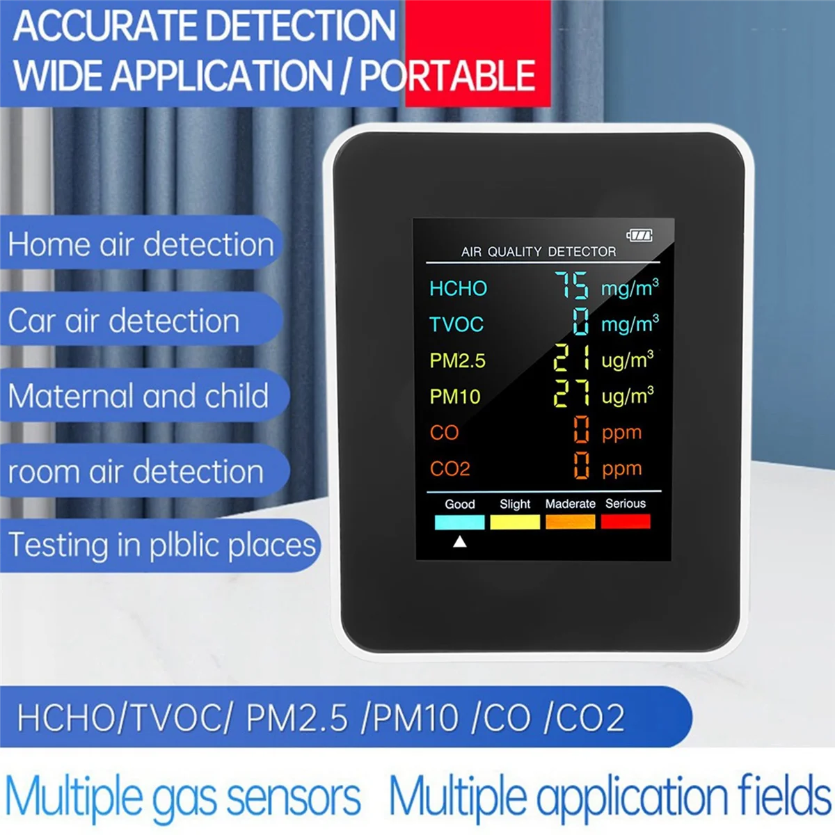 6 en 1 PM2.5 PM10 HCHO TVOC CO CO2 Detector de calidad del aire CO CO2 Monitor de formaldehído Probador de calidad del aire para el hogar y la Oficina, Negro