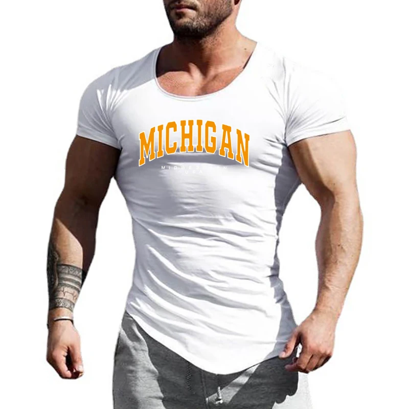 Michigan Midwestern USA Print Sport T-Shirt Gym Fitness Bodybuilding Slim Fit Shirts Cotton Breathable Short Sleeve Men\'s Tops