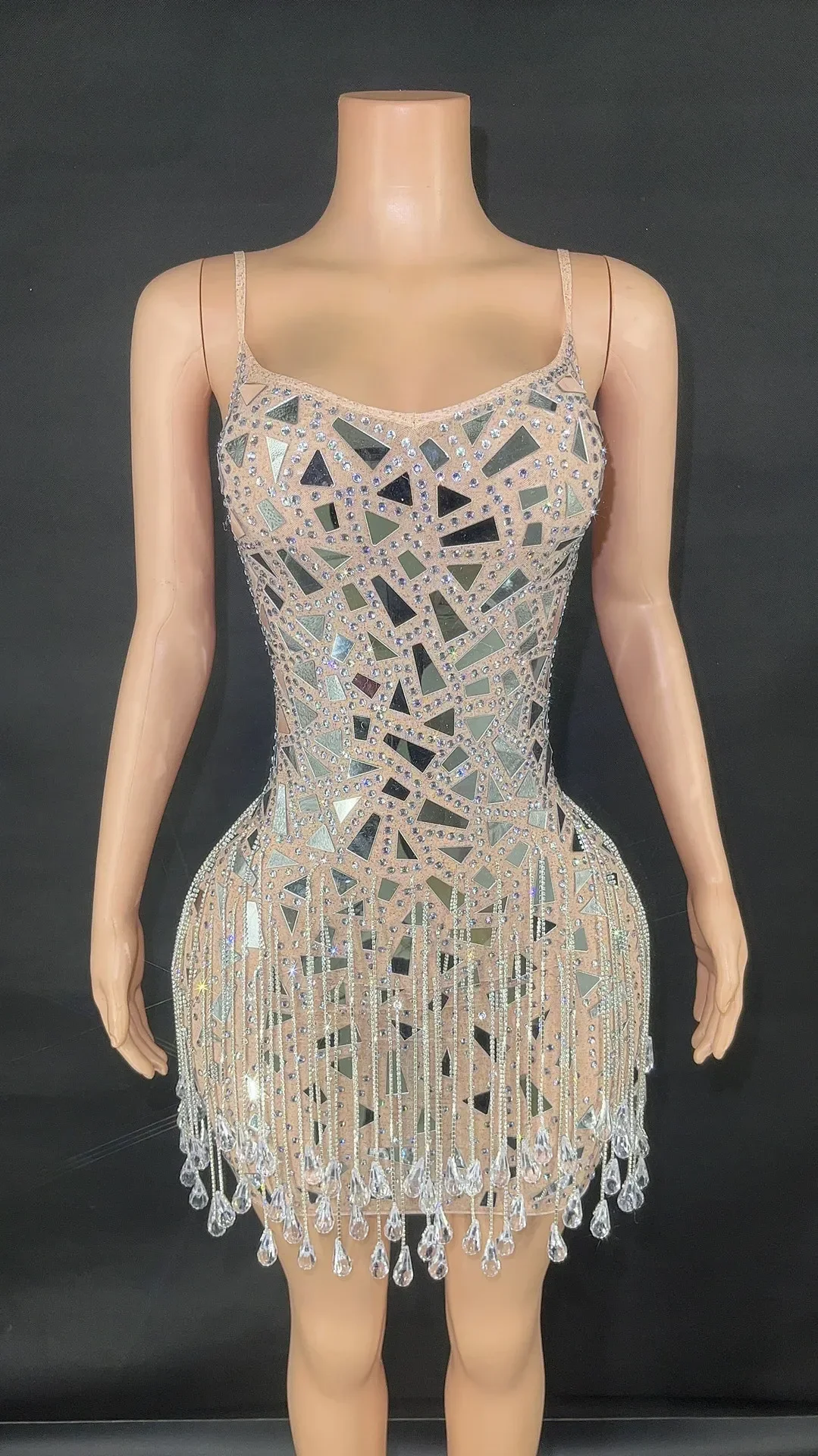 Club Dinner birthday party Dress Stage Performance Costume Women Sexy Backless Crystal Diamond Sequins Mesh Elastic Strap Dress