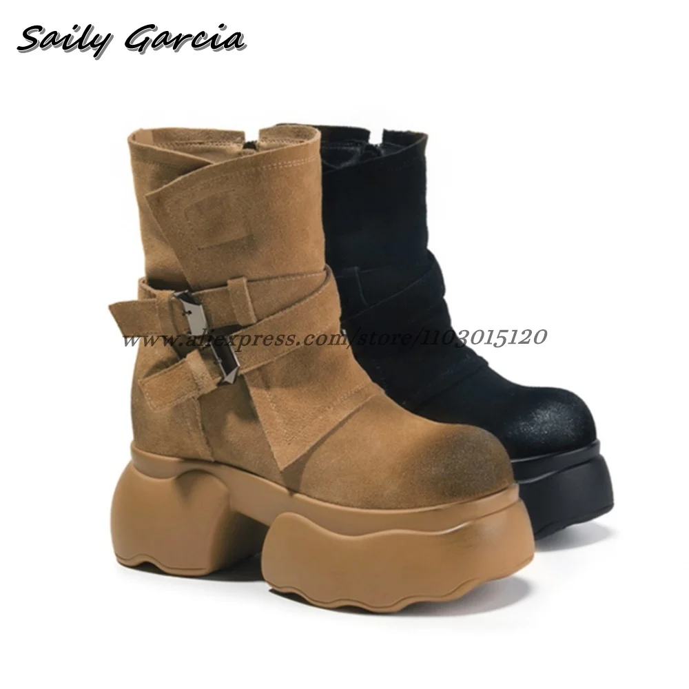 

Retro Cowhide Suede Buckle Strap Mid Calf Cowboy Boots 2024 Autumn New All-Match Casual Boots Round Toe Platform Women Boots