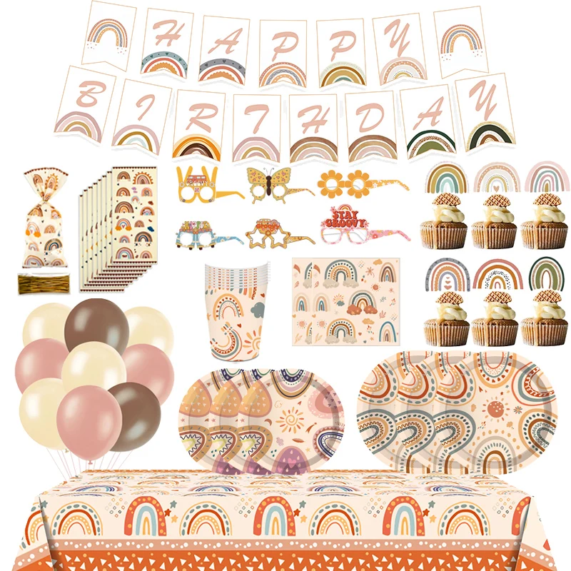 Boho Rainbow Birthday Party Jednorazowa zastawa stołowa Papierowy talerz Serwetka Baner Obrus Bohemian Hippie Happy Birthday Party Decor