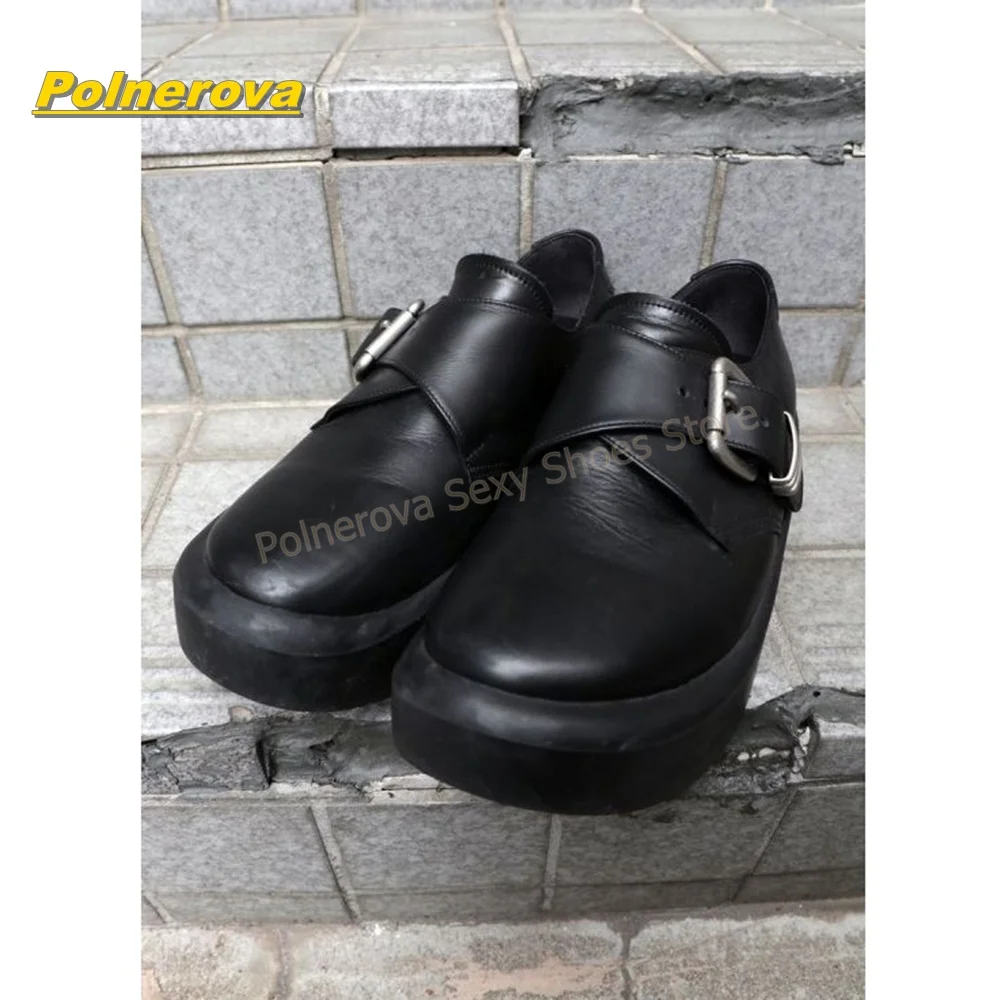 Metal Buckle Platform Fashion Loafers Shoes Round Toe Slip On Thick Sole Dark Daily Street Style Fashion Footwear 2026 Autumn