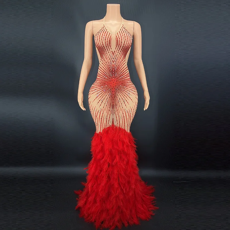 Produits bleu strass plume robe maille rouge soirée élégante robes de soirée de luxe Abito Da Cerimonia Donna robes d'anniversaire