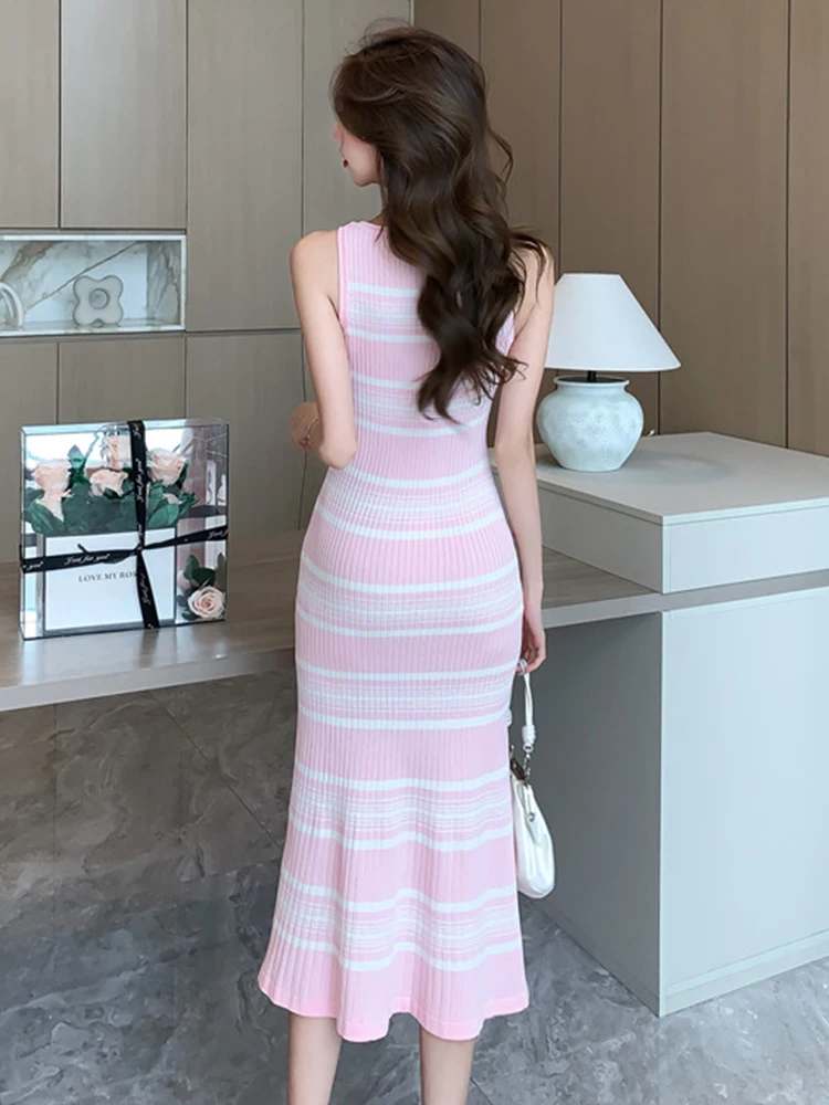 الحلو عطلة فستان طويل ملابس حريمي الوردي الأبيض لصق محبوك سترة قبالة الكتف مخطط نحيل ذيل السمكة رداء الشاطئ Vestidos