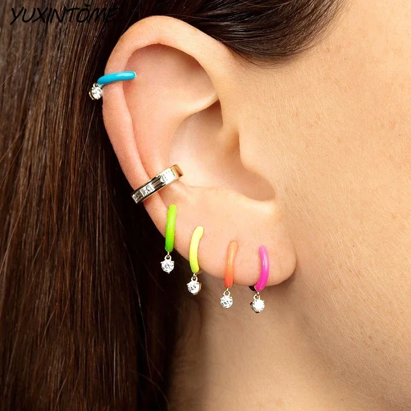 925 Sterling Silver Needle Colorful Enamel hoop Earrings for Women Trends Punk Gold Earrings Party Jewelry Fashion Accessories