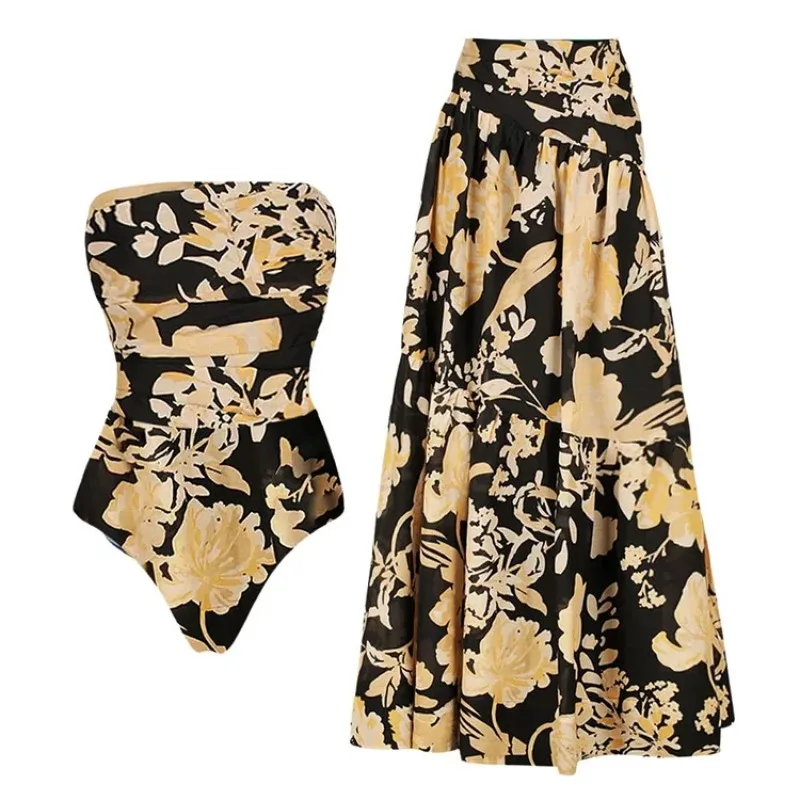 One Piece Swimsuit For Women European And American Swimwear Tube Top Retro Printing One-piece Swimsuit Suit Women