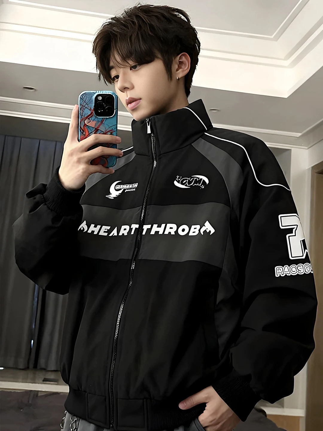 

Мужская зимняя утепленная куртка-бомбер American High Street Motorcycle из хлопка с контрастными вставками, модный брендовый гоночный костюм с воротником-стойкой