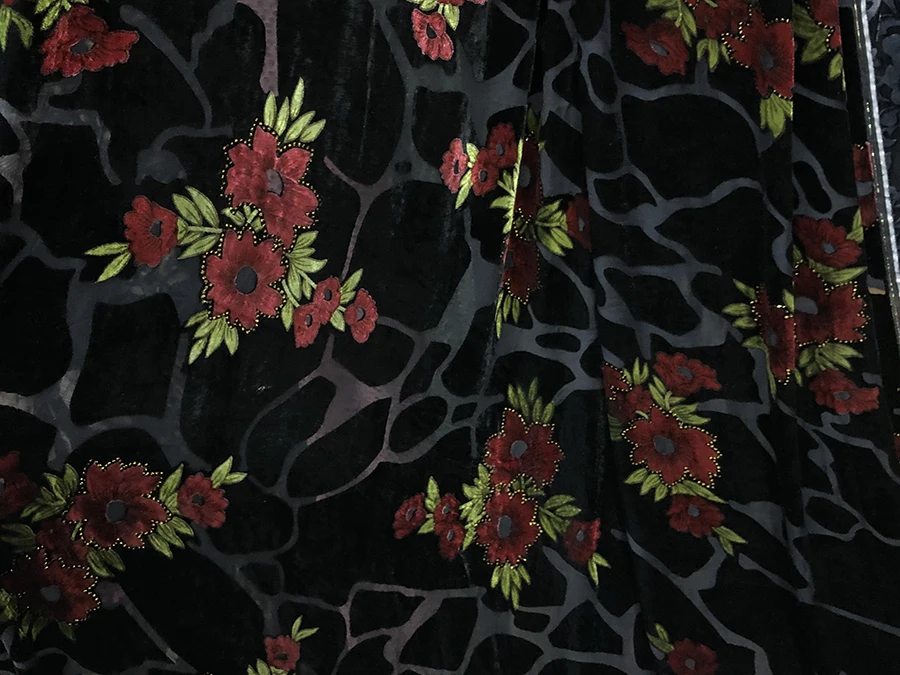 High Quality Real Silk Velvet Fashion Cloth Black Background with Geometric Pattern Hollow-out Gilding Flower Designer Fabric