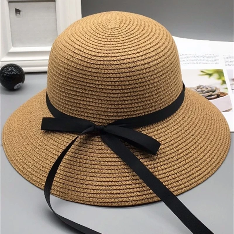 Damen Sommer Faltbarer Strohhut, UV-Beständiger Strand-Sonnenhut mit Schleife, Einfarbiger Bohemian-Style Fischerhut