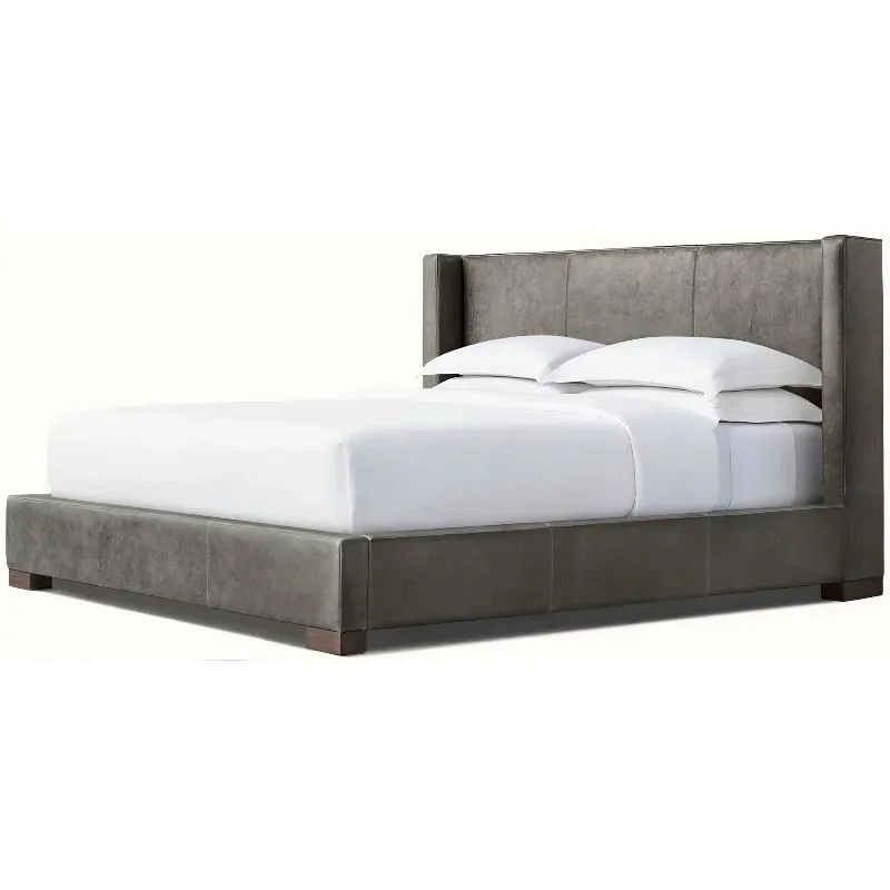 American Simple Leather Soft Bag Bed Solid Wood Frame Nordic Light Luxury Villa Hotel Style 1.8m Wide Foreign Trade