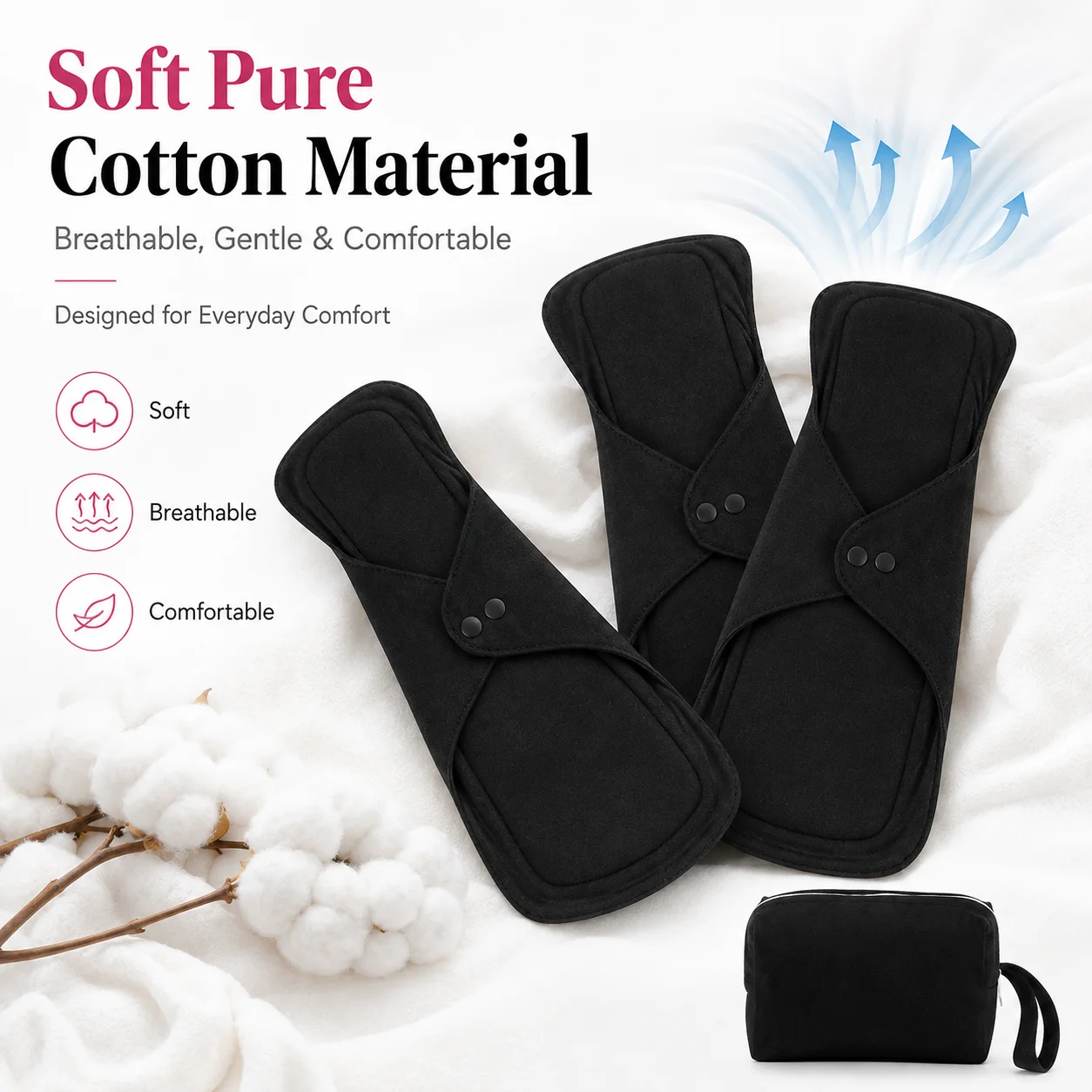 7pcs Women's Period Pads, Black Cotton, Washable Reusable Pads, Breathable Soft, Multi-Size Day & Night Set with Storage Bag