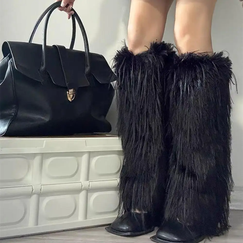 

Furry Faux Fur Leg Warmers Winter Women Warm Leggings Solid Color Foot Sleeve Boot Cover JK Furry Boots Socks Hiphop Stockings