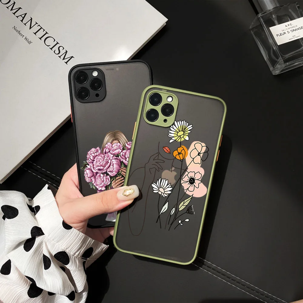 Phone Case For iPhone 16 Plus 15 Pro Max 14 7 8 XR SE 11 12 13 Mini X XS Chrysanthemum Rose Flower Girl Black Translucent Cover