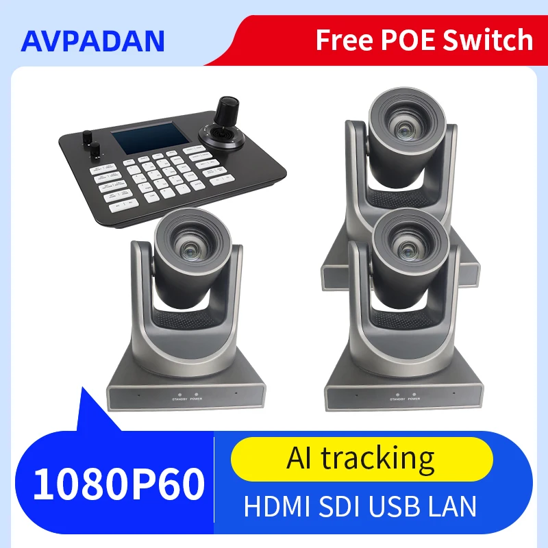 

HD 60fps 3pcs NDI PTZ Camera 20 or 30X Zoom Live Streaming POE Cam and 1PCS PTZ Camera Controller for Video Conference