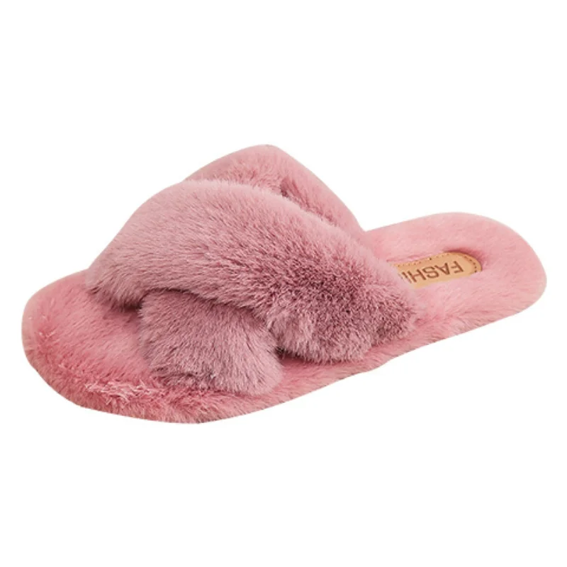 Warm Fluffy Slippers Women Fashion Cozy Faux Fur Cross Indoor Floor Slides Flat Soft Furry Ladies Female Celebrities Flip Flops