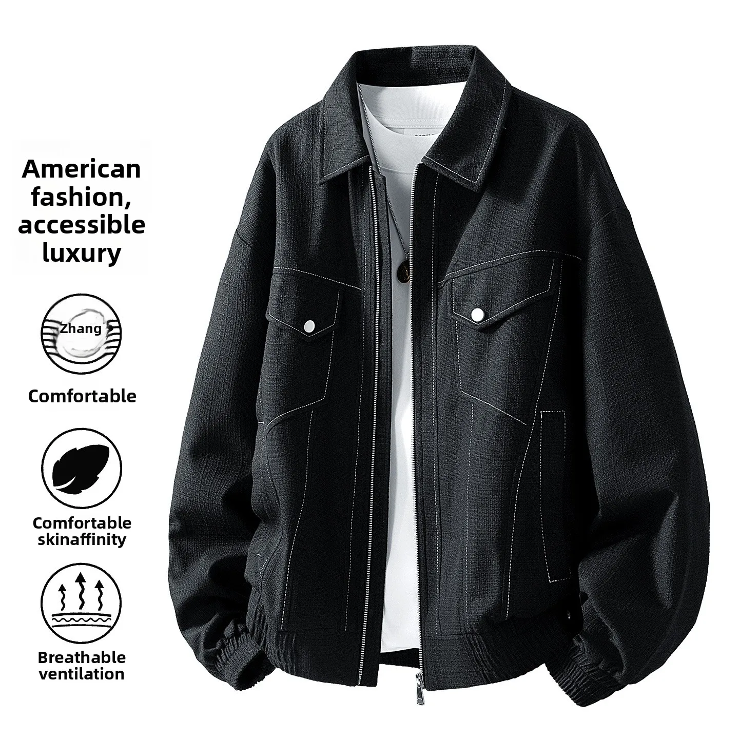 

Loose Fit Men's Jaet Faionable Retro Design Stitched Collar Long Sve Polyurethane Outerwear for Middle-Aged And Young Men