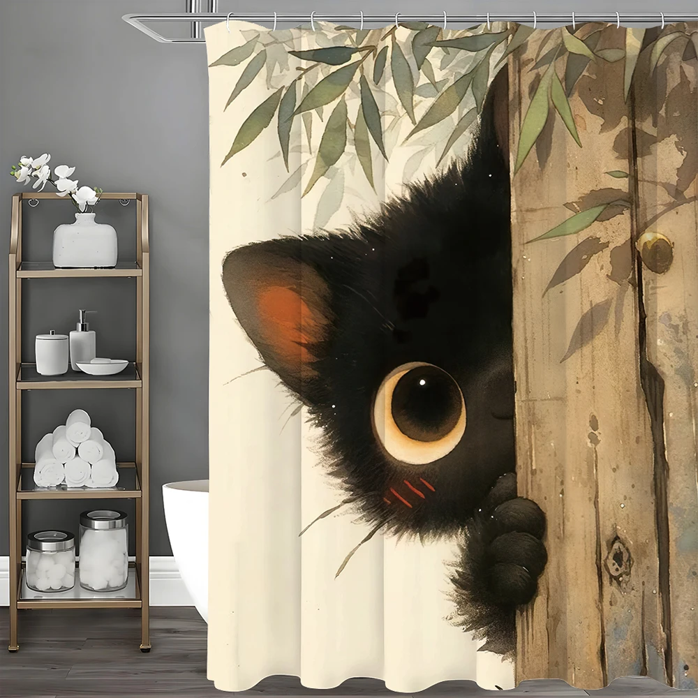 

Cartoon Black Cat Shower Curtain, Bathroom Decorative Shower Curtain, Waterproof Shower Curtain with Hooks