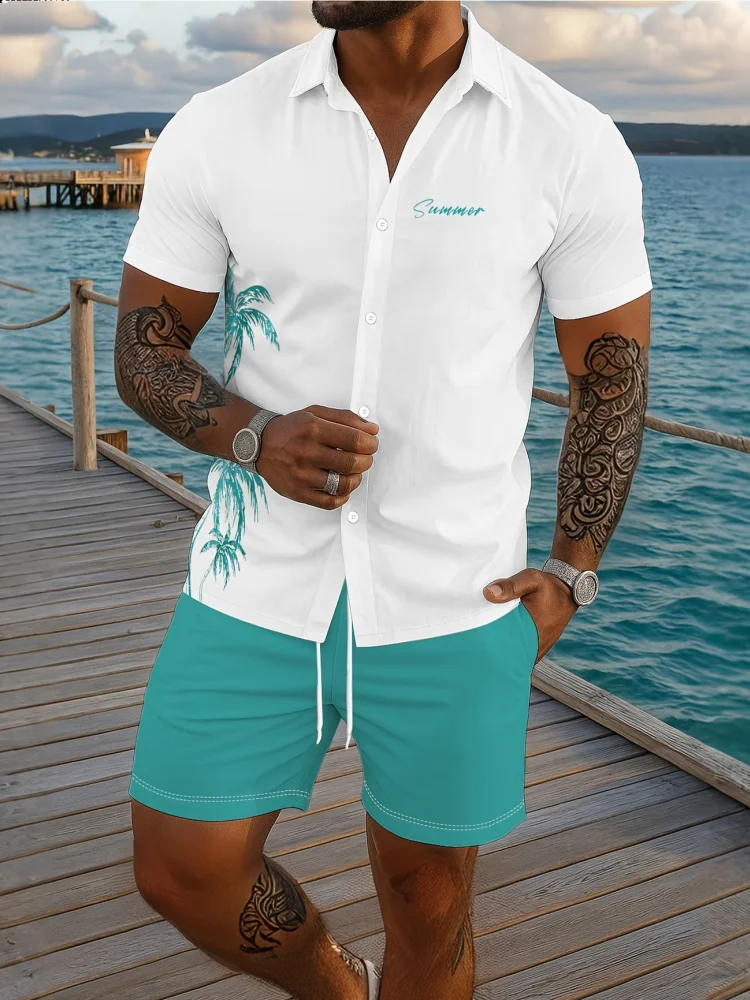 

Men's 2 Piece Hawaiian Outfit Palm Tree Print Short Sleeve Shirt and Shorts Set Summer Beach Casual Matching Tracksuit Oversized