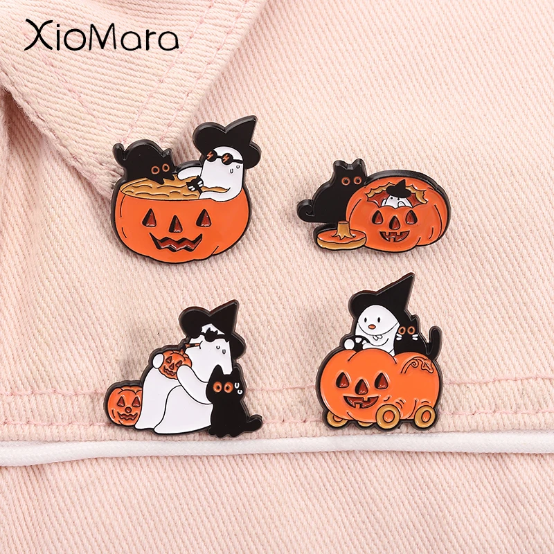 Halloween Pumpkin Ghost Cat Enamel Pins Spooky Vibes Brooches Lapel Backpack Badge Fashion Jewelry Gifts for Kids Friends