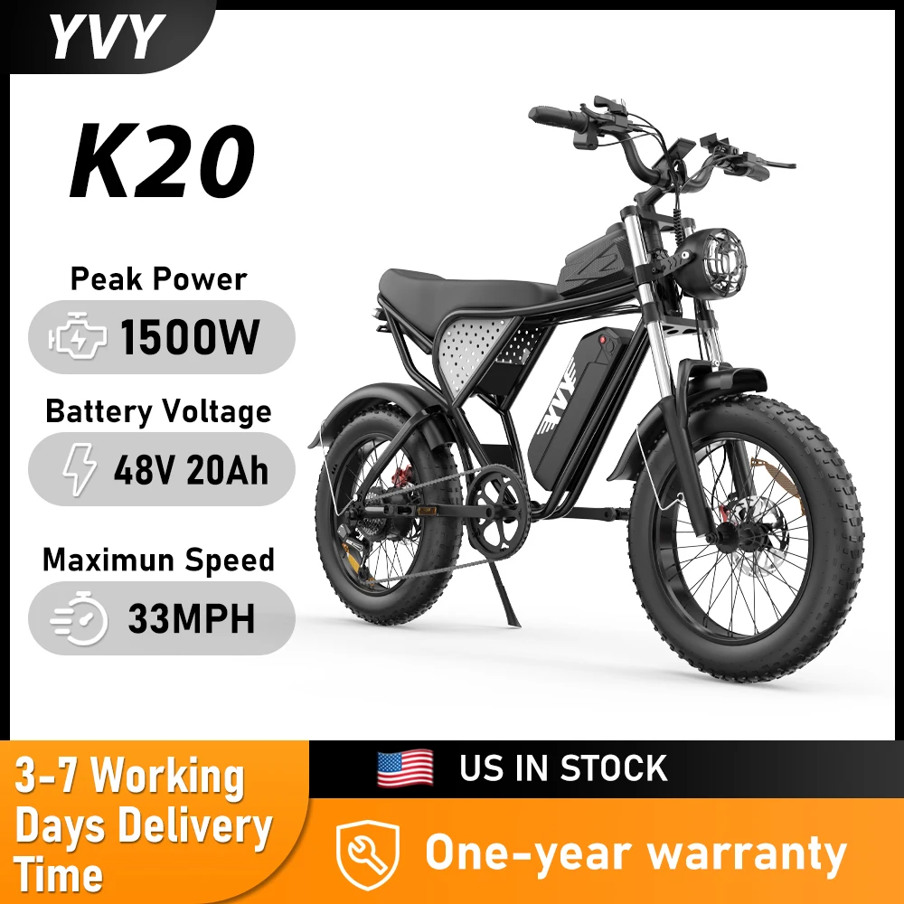

Электровелосипед YVY K20 для взрослых, 1500 Вт, 33 миль/ч, 48 В, 20 Ач, со съемной батареей, 20-дюймовые колеса, для гор и песка, с широкими шинами, электромотоцикл