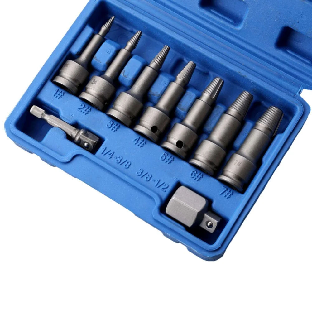 Bolt Extractor 9 Piece Set for Stripped Screw Removal Designed for Electric Drills in Home Repair Applications