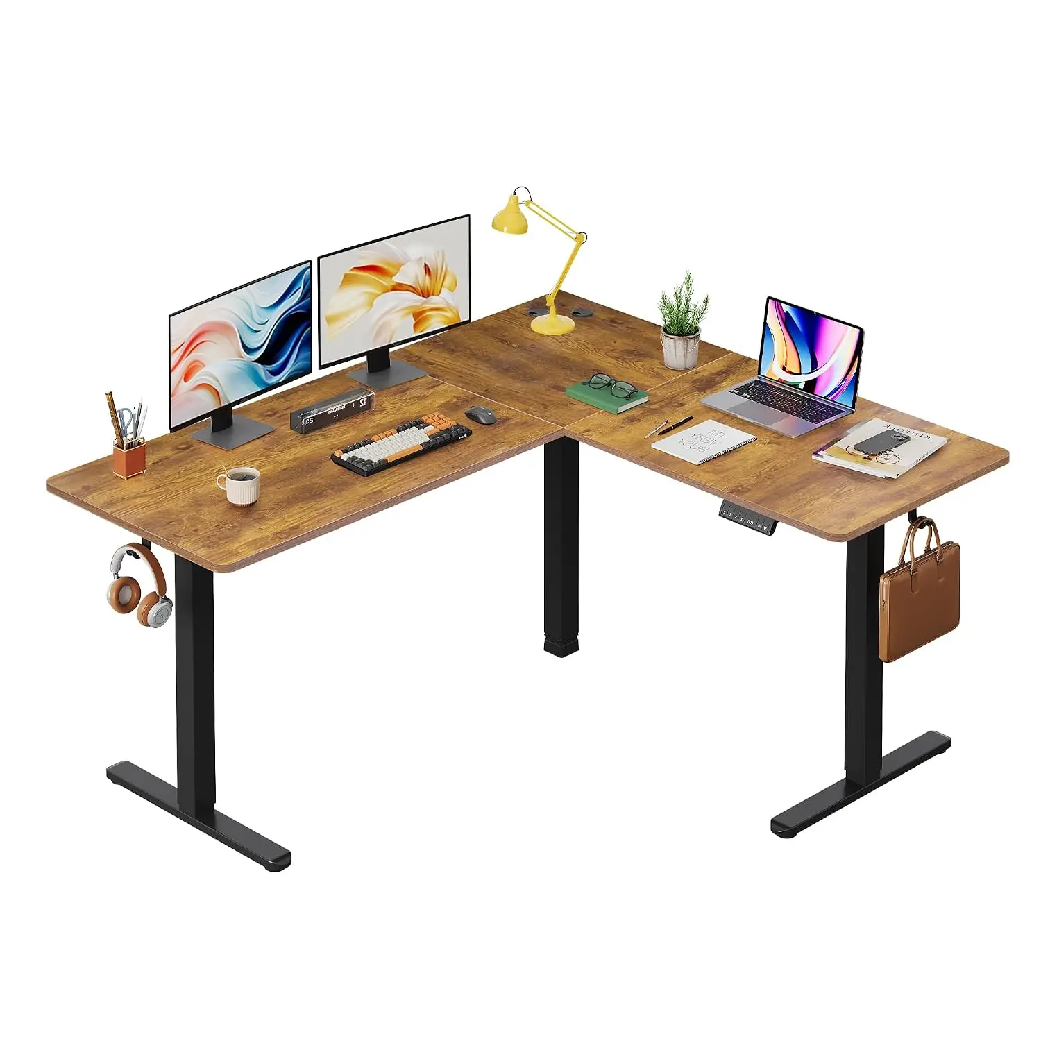 L Shaped Standing Desk, 63 Inch Computer Desk, LED Touchscreen & Headphone Hook, 3 Memory Preset, for Home Office, Customized