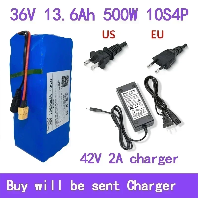 

36V 13600mAh 500w 10S4P XT60 18650 Lithium ion Battery Pack 13.6Ah For 42V with BMS+2A Charger