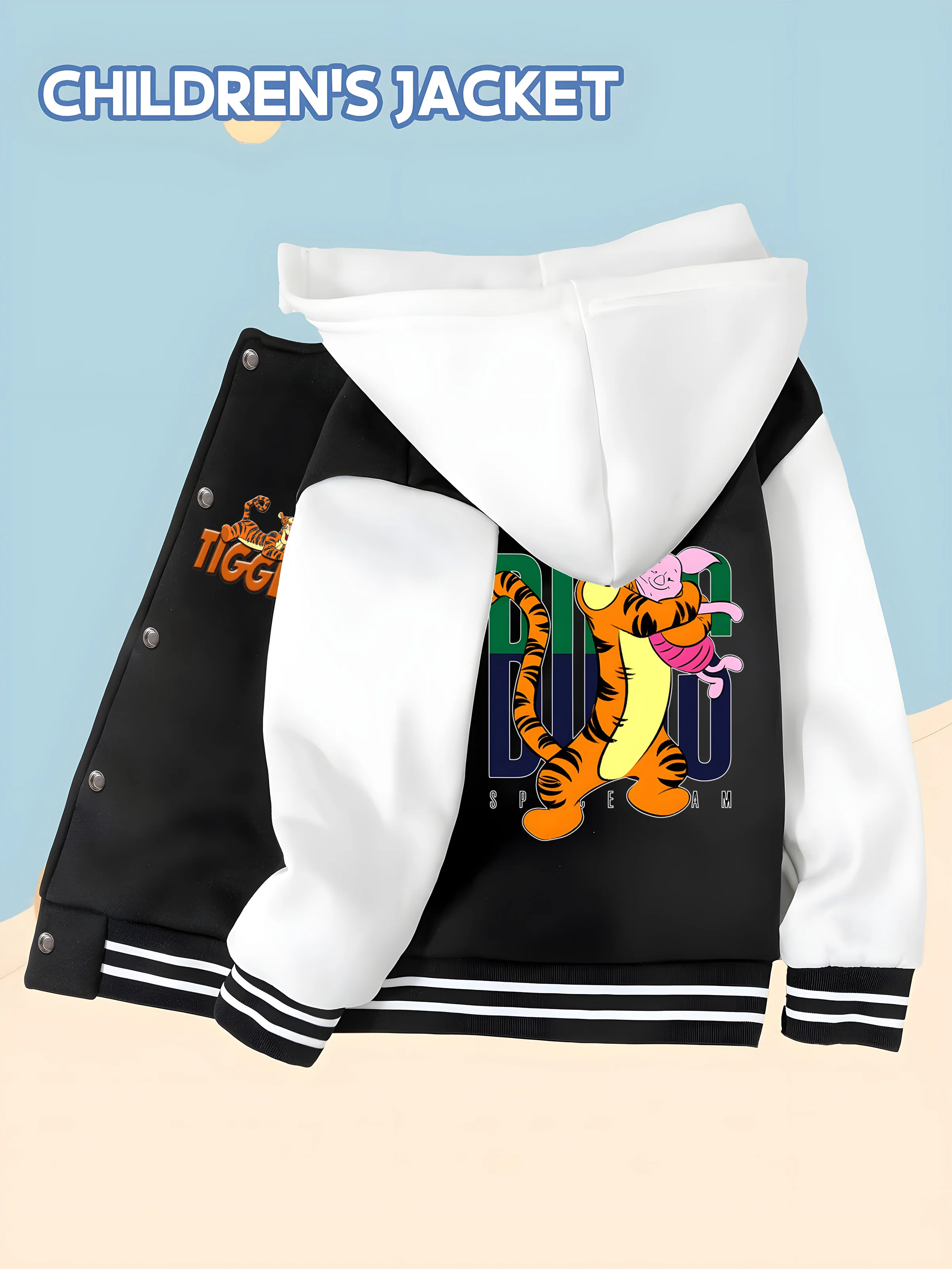 

MINISO Disney Boys Baseball Jacket - Tigger Holding Piglet Print, Comfortable and Versatile for Everyday School, Soft Fabric