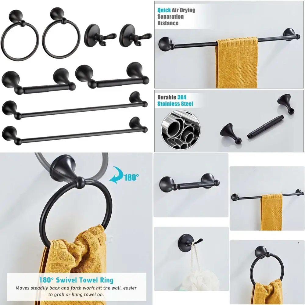 

Complete 8-Piece Wall-Mounted Bathroom Accessory Set: Adjustable Towel Bar, Ring, Holder, Robe Hook, Hooks for Modern Home Decor