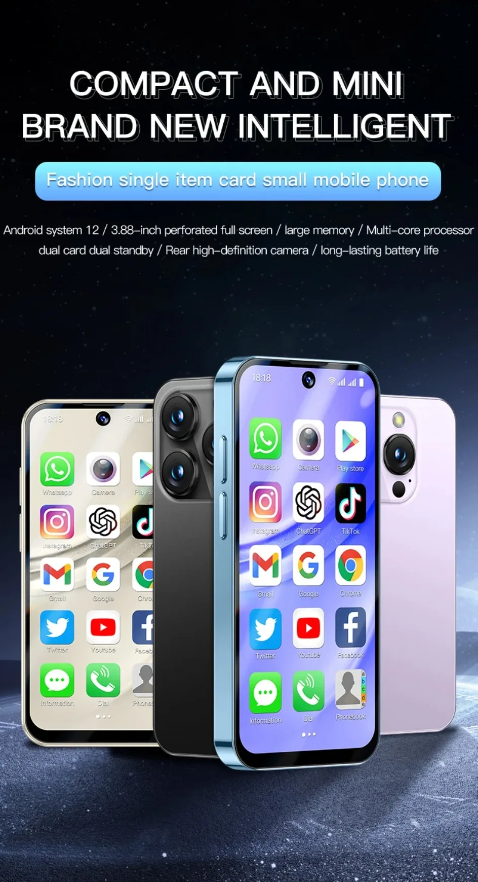 SOYES XS19 Pro 4GB RAM 64GB ROM 8-Core Android 12.0 Mini Smartphone 2000mAh Face Unlock 4G LTE Type-C 3.88‘’ Screen Small Phone