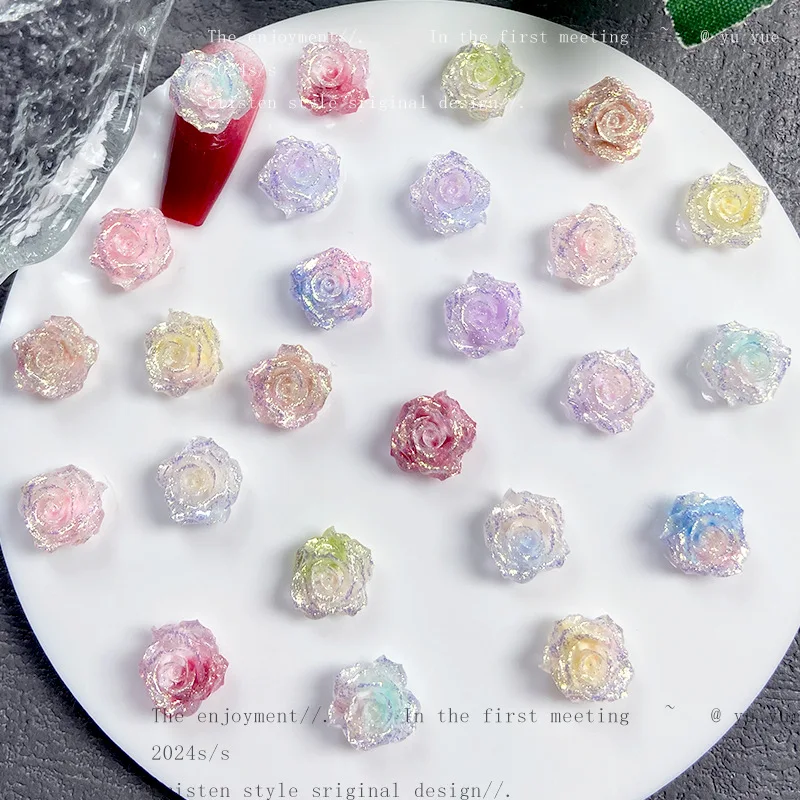 20Pc New Sparkling Flower Nail Art Accessories Firefly Luminous Resin Flower Nail Charms Flatback Resin Nails Decorations Parts