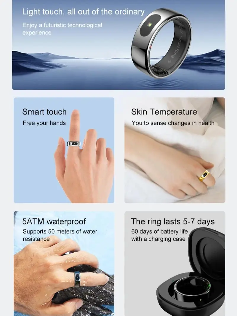 R08 Smart Ring For Men Women Touch Control Function Health Monitor IP68 5ATM Waterproof Skin Temperature Measure Smart Ring New